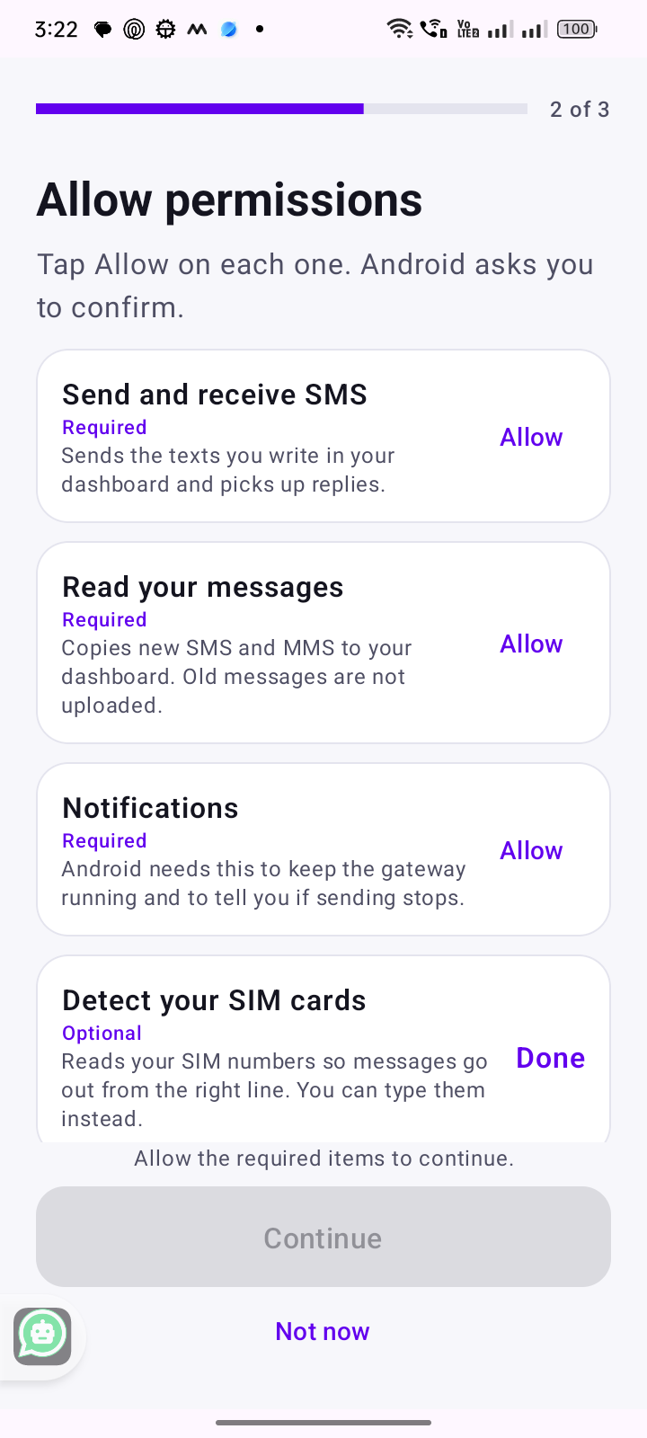 SMS Gateway Android 0.81 onboarding screen: Allow permissions, step 2 of 3, with Send and receive SMS, Read your messages, Notifications and Detect your SIM cards listed