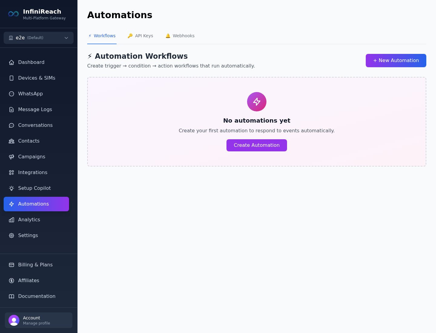 InfiniReach Automations page showing Workflows, API Keys, and Webhooks tabs