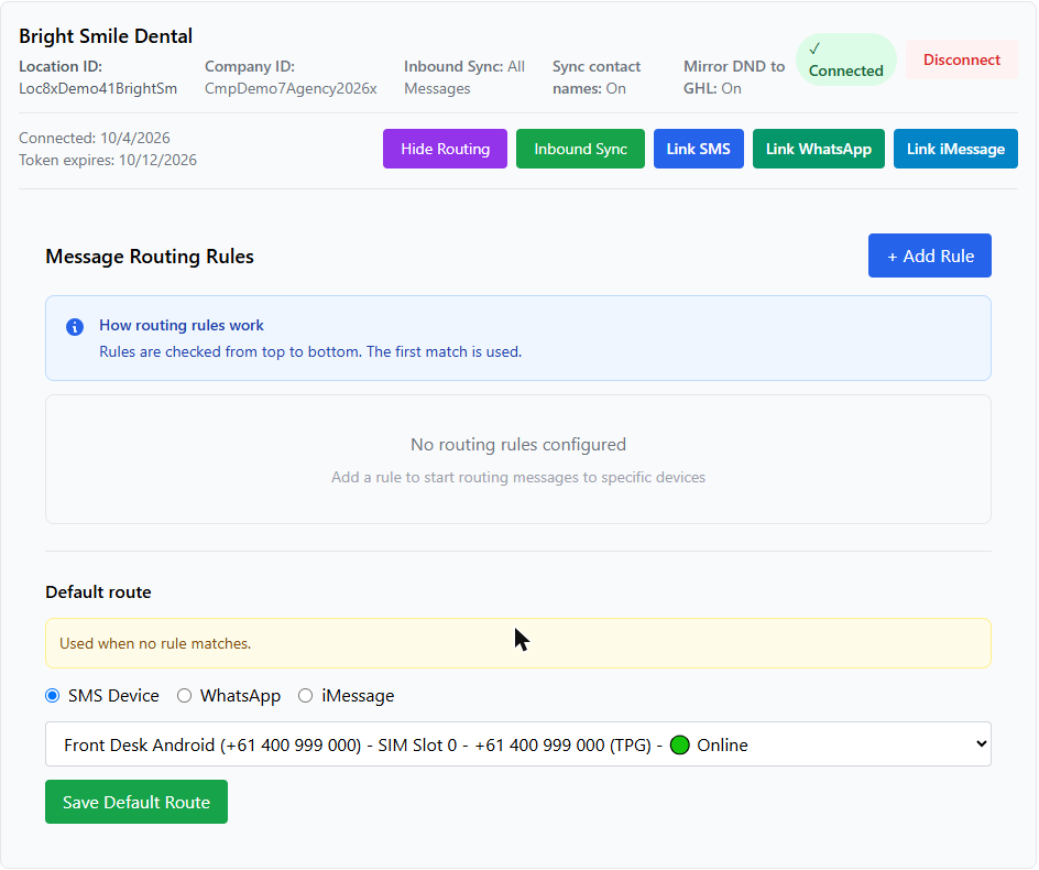 Routing panel with Message Routing Rules and the Default route