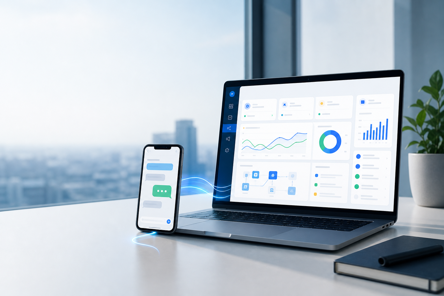 Android phone connected to a messaging dashboard for SMS and WhatsApp automation
