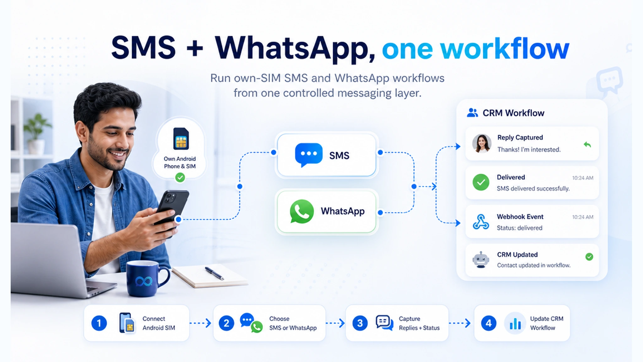 Bright InfiniReach explainer hero showing an agency operator routing Android SIM SMS and WhatsApp replies into a CRM workflow
