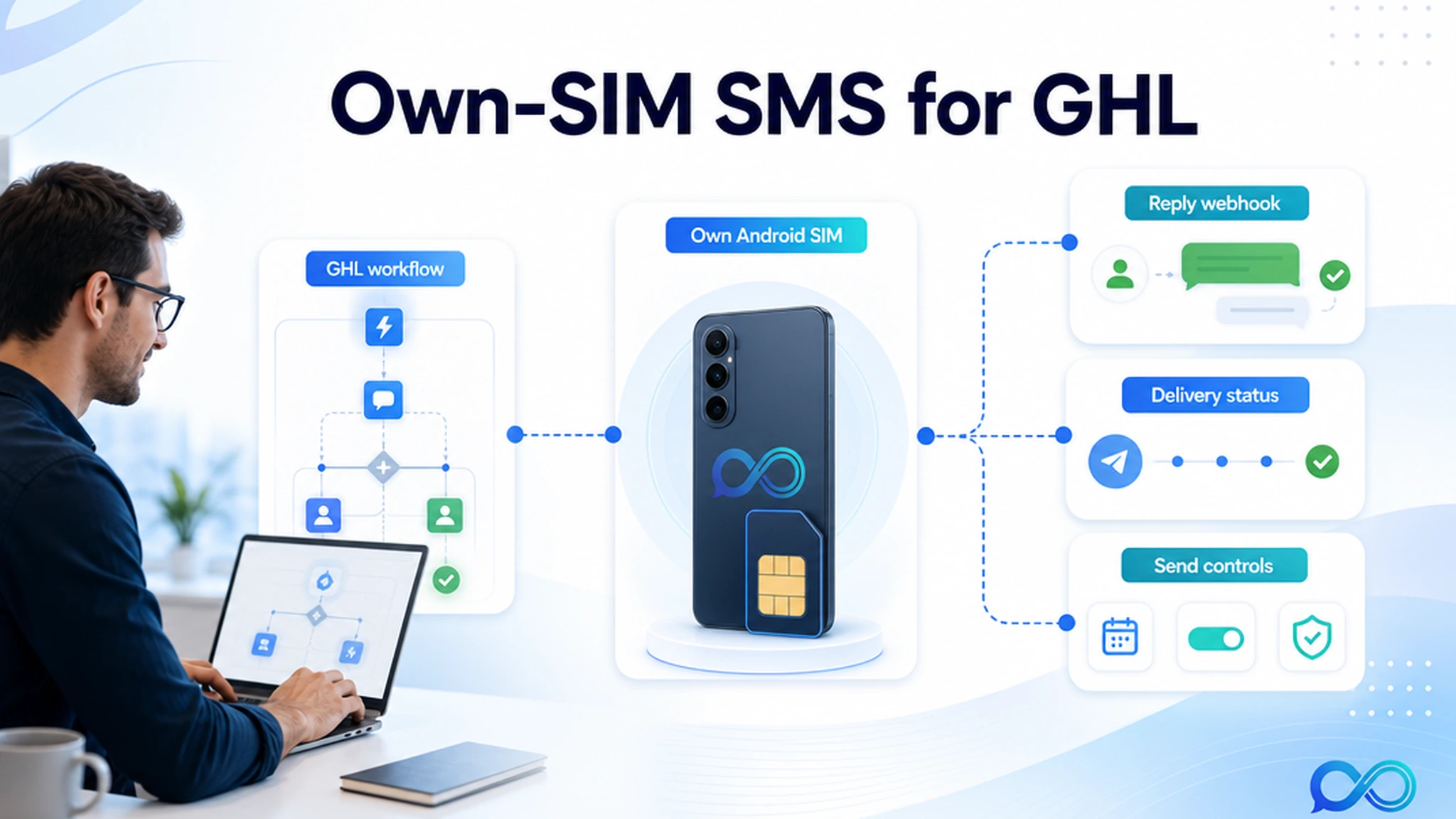 Bright SaaS explainer showing a GoHighLevel workflow routed through InfiniReach to an own Android SIM with reply and send-control cards