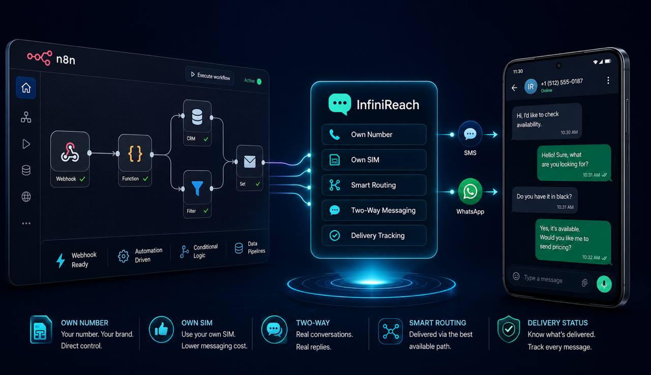 n8n workflow connected to SMS and WhatsApp messaging through a real phone number