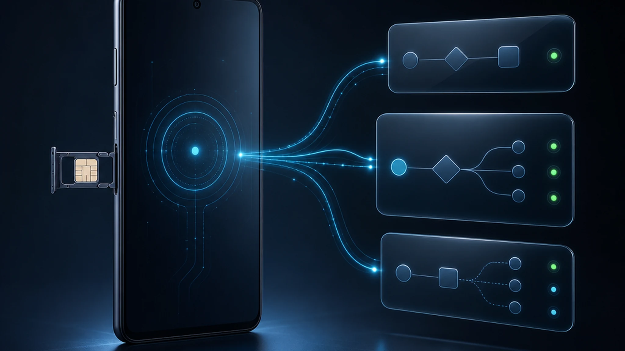 Dark InfiniReach-style hero showing an Android phone with a real SIM routing messages into workflow panels