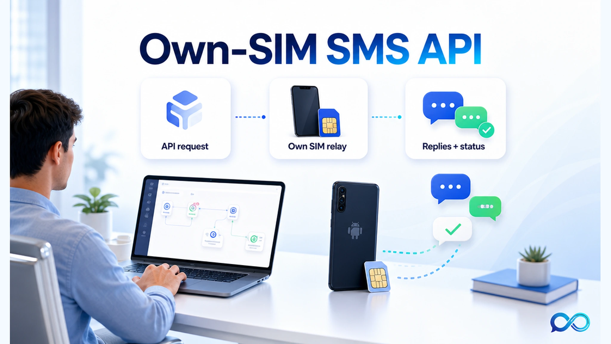 Bright InfiniReach SaaS hero showing an operator using an Android phone and SIM to route SMS API messages, replies, and status events into a CRM workflow