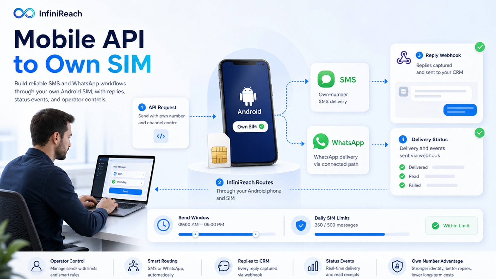 Bright InfiniReach SaaS hero showing an operator routing mobile SMS API requests through an own Android SIM into reply and delivery status webhooks